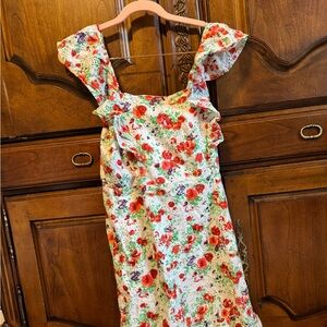 White Floral Mini Dress with Ruffle Cap Sleeves